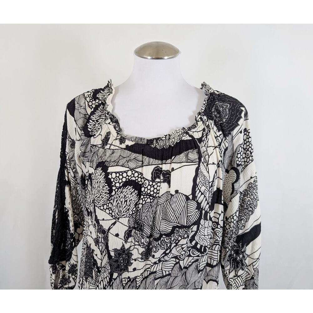 Desigual Top Black White Crinkle Melina Floral Print Peasant Women's Size S - Picture 2 of 7